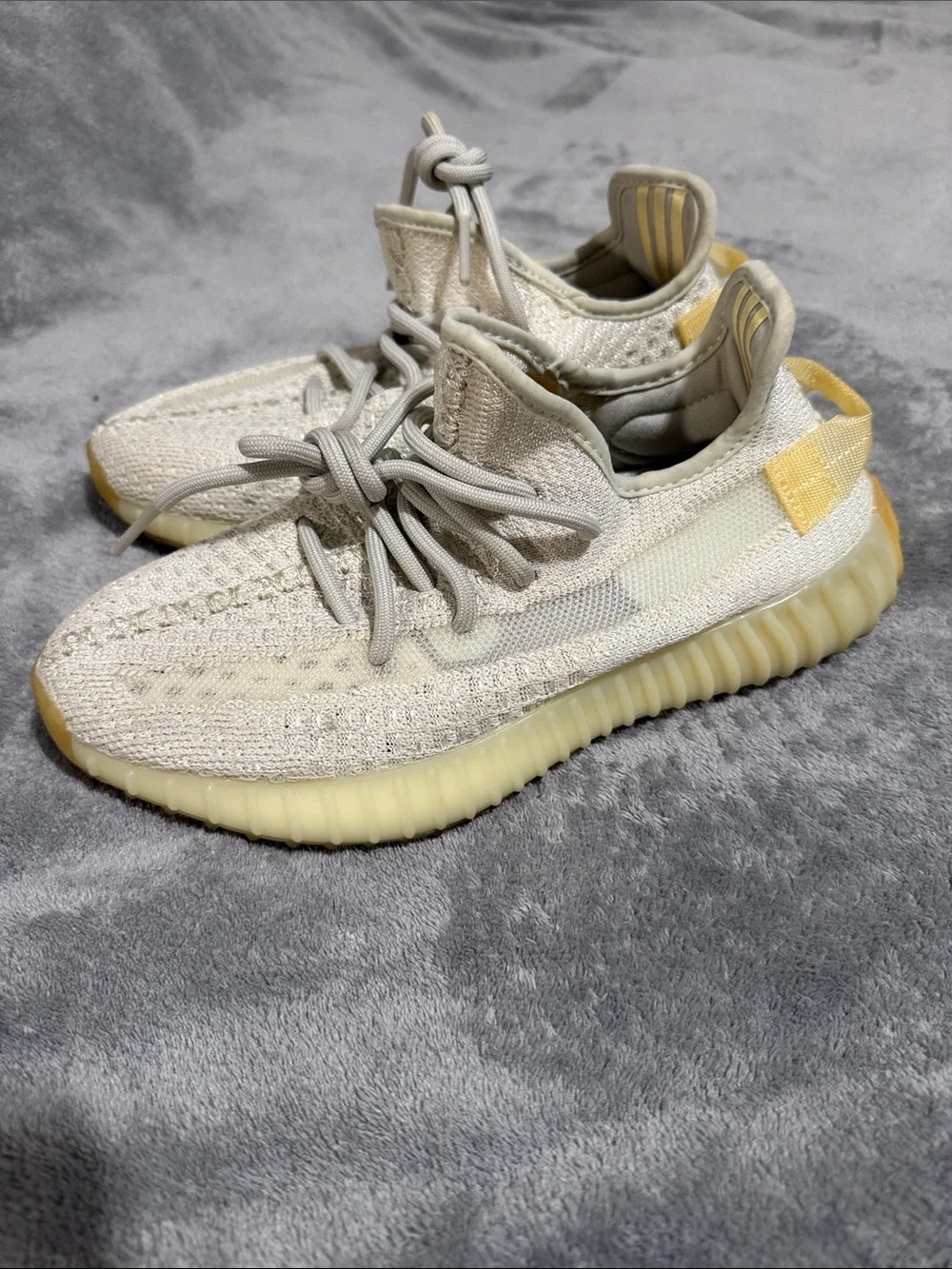 Yeezy Light Cream Knit Sneakers with Pale Yellow Accents